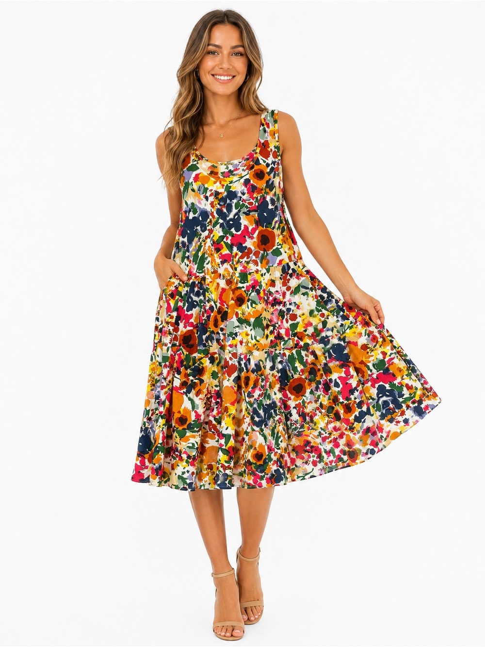 🌺 Dress Addict 100% Organic Cotton Floral Midi Dress w/ Pockets